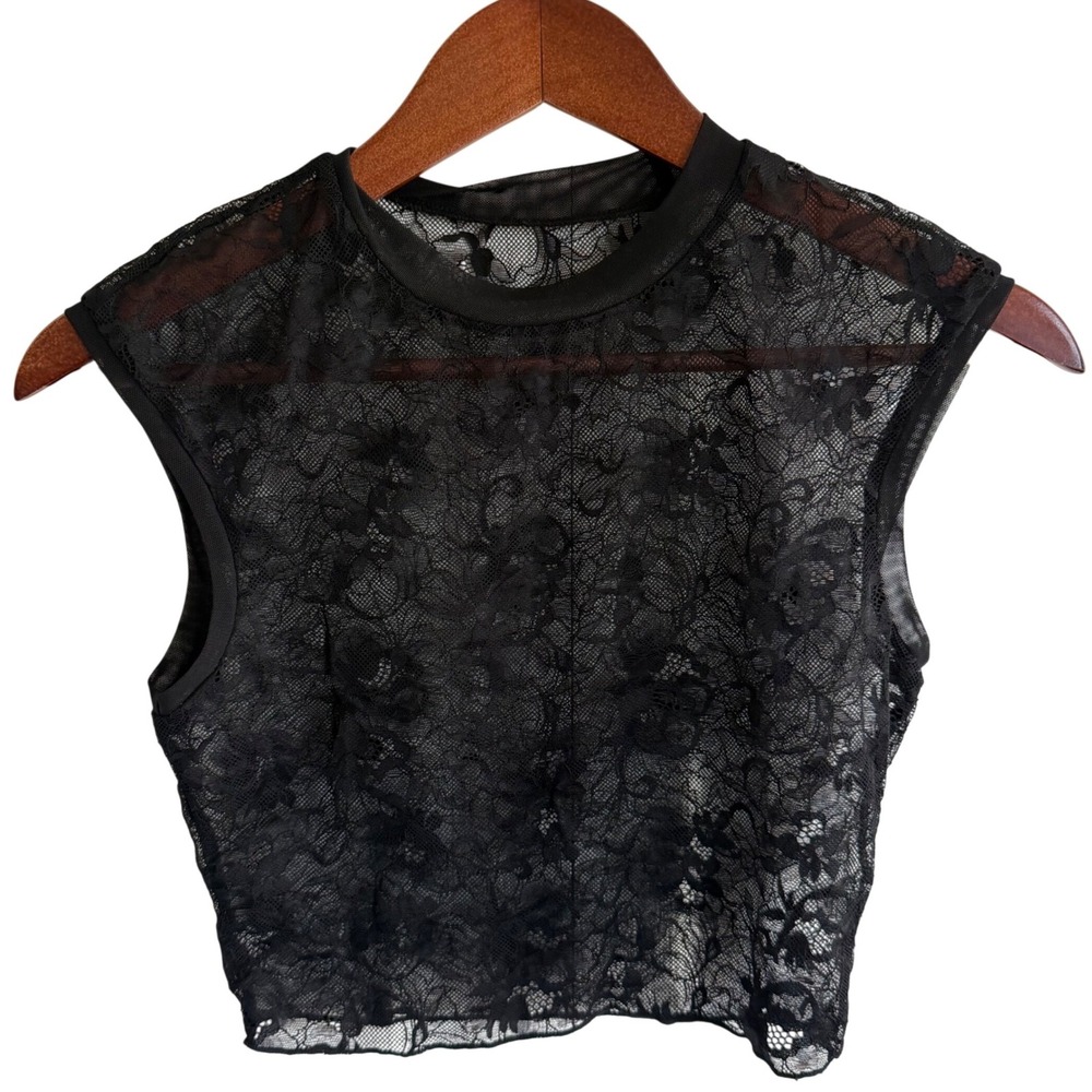 Black Floral Lace Sheer Mesh Crop Top Sleeveless Crew Layering Sheer Festival